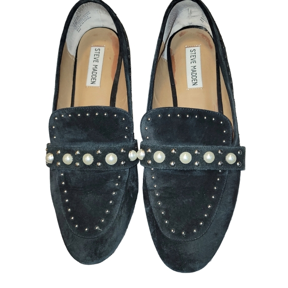 Steve Madden Perlyn Black Suede Pearl & Stud Embellished Loafers Size 10 - Picture 3 of 11